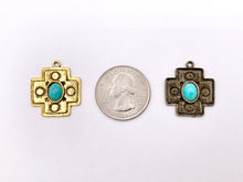 Cargar imagen en el visor de la galería, 21x25mm Pewter Greek Cross With Turquoise Charms Antique Cross Pendants in Gold, Silver and Bronze Color 15 PCS
