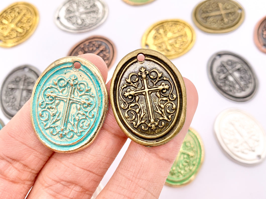 21x26mm Pewter Oval Cross Charms Cute Carved Floral Religious Pendants Available in 10 Colors