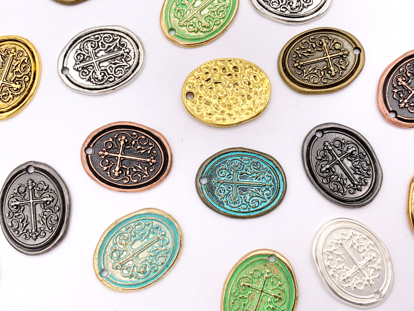 21x26mm Pewter Oval Cross Charms Cute Carved Floral Religious Pendants Available in 10 Colors