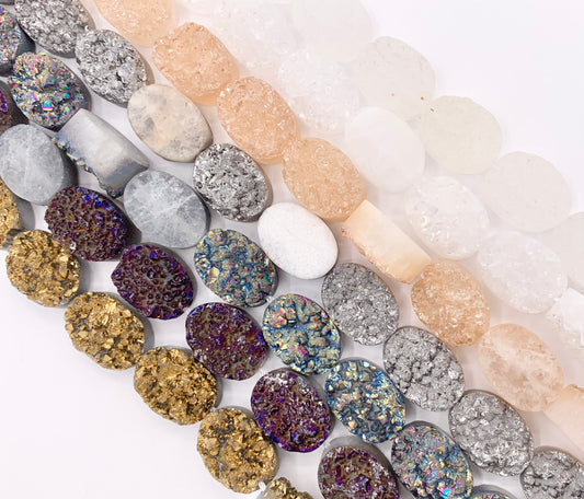 10x14mm Oval One Sided Metallic Coated Druzy Quartz Beads Price 1 Strand 8"