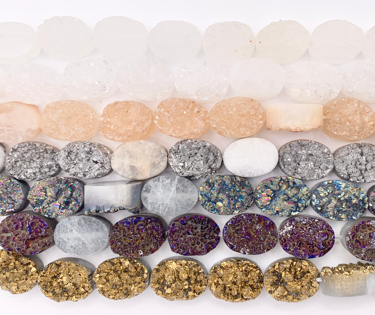 10x14mm Oval One Sided Metallic Coated Druzy Quartz Beads Price 1 Strand 8"