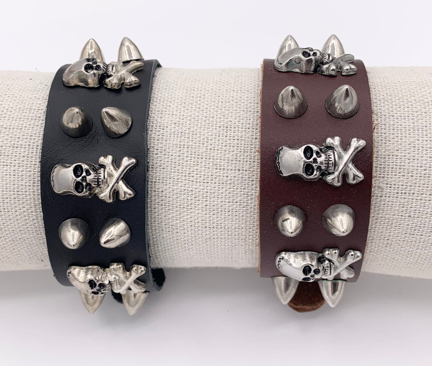 Genuine Greek Cow Leather Silver Spiked Skull Gothic Spiky Black & Brown Leather Wristband Cuff Bracelet 7"-8.5"