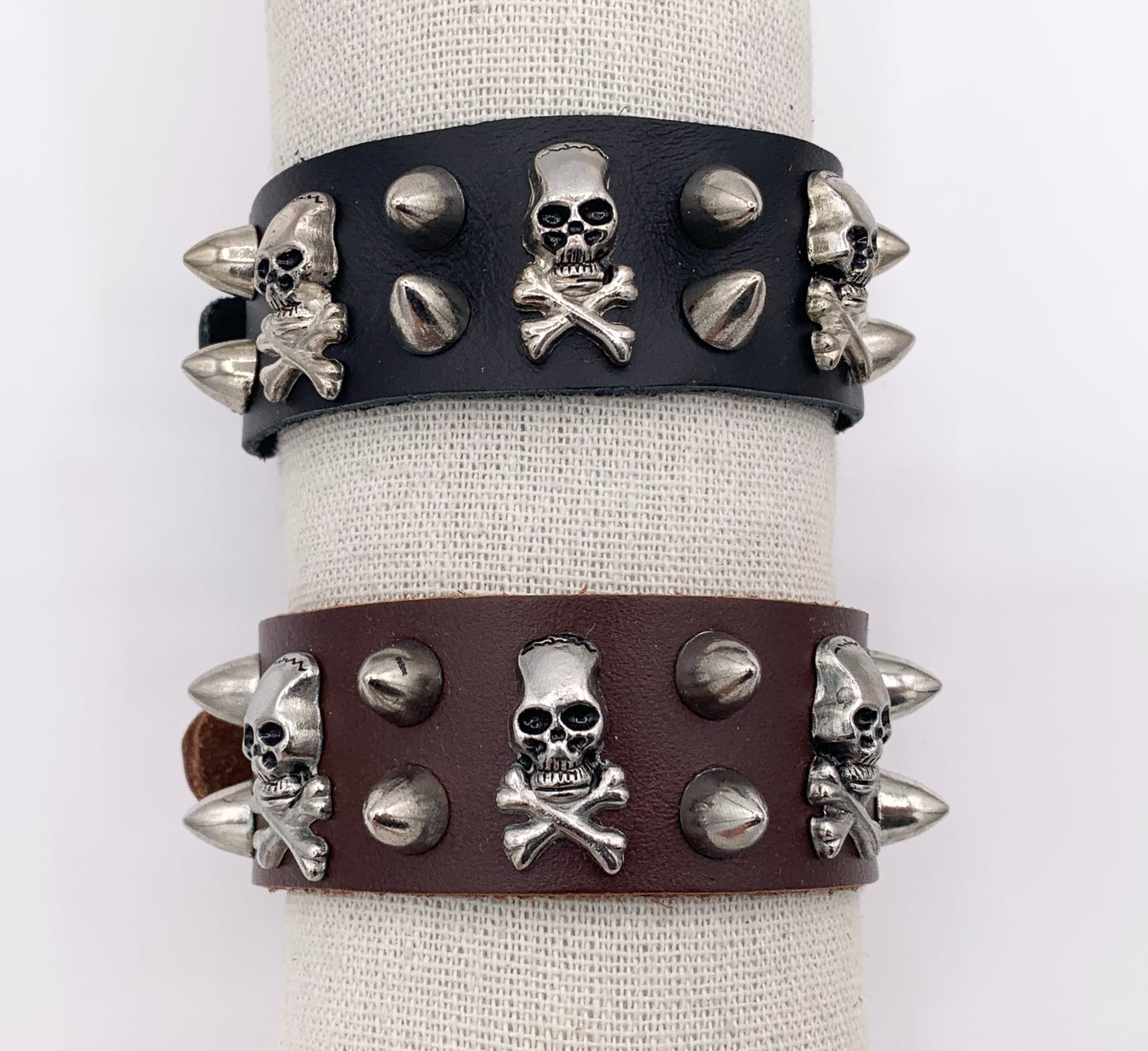 Genuine Greek Cow Leather Silver Spiked Skull Gothic Spiky Black & Brown Leather Wristband Cuff Bracelet 7"-8.5"