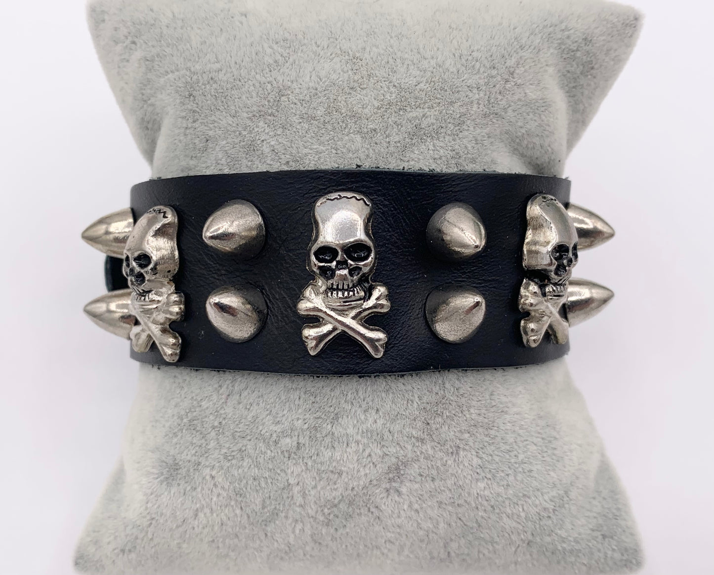 Genuine Greek Cow Leather Silver Spiked Skull Gothic Spiky Black & Brown Leather Wristband Cuff Bracelet 7"-8.5"