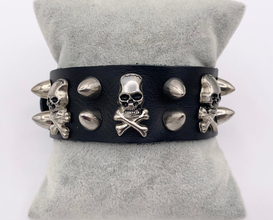 Genuine Greek Cow Leather Silver Spiked Skull Gothic Spiky Black & Brown Leather Wristband Cuff Bracelet 7"-8.5"