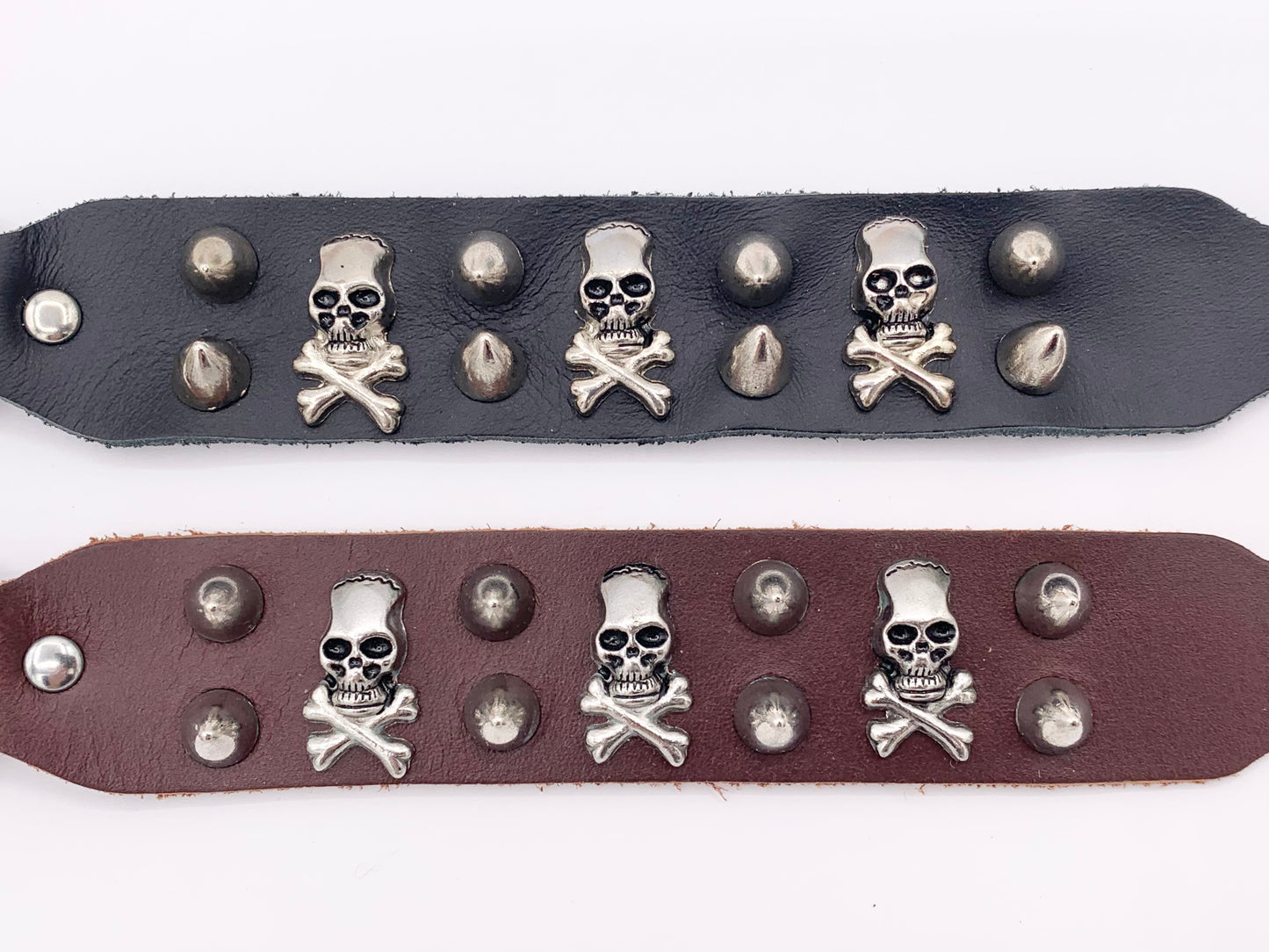 Genuine Greek Cow Leather Silver Spiked Skull Gothic Spiky Black & Brown Leather Wristband Cuff Bracelet 7"-8.5"