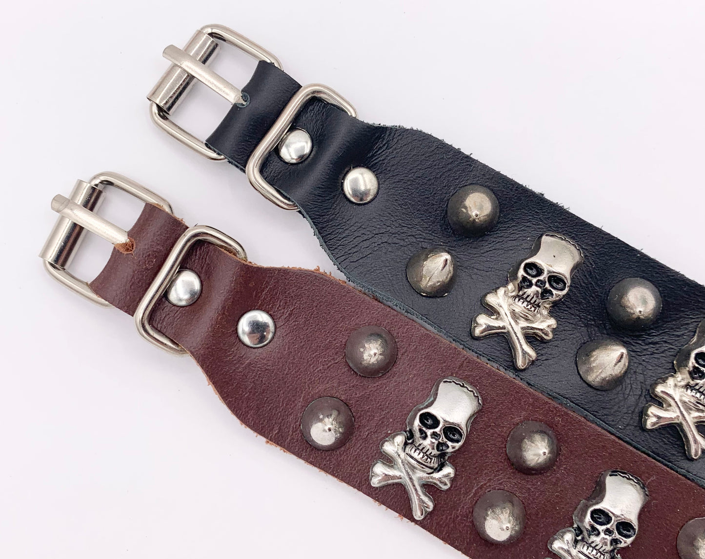 Genuine Greek Cow Leather Silver Spiked Skull Gothic Spiky Black & Brown Leather Wristband Cuff Bracelet 7"-8.5"