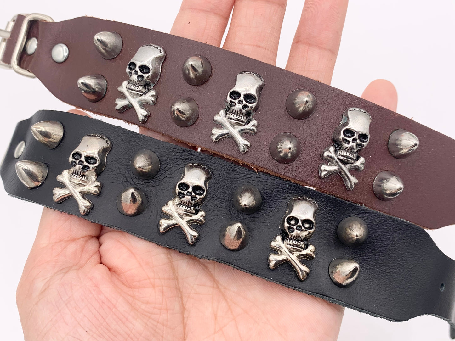 Genuine Greek Cow Leather Silver Spiked Skull Gothic Spiky Black & Brown Leather Wristband Cuff Bracelet 7"-8.5"