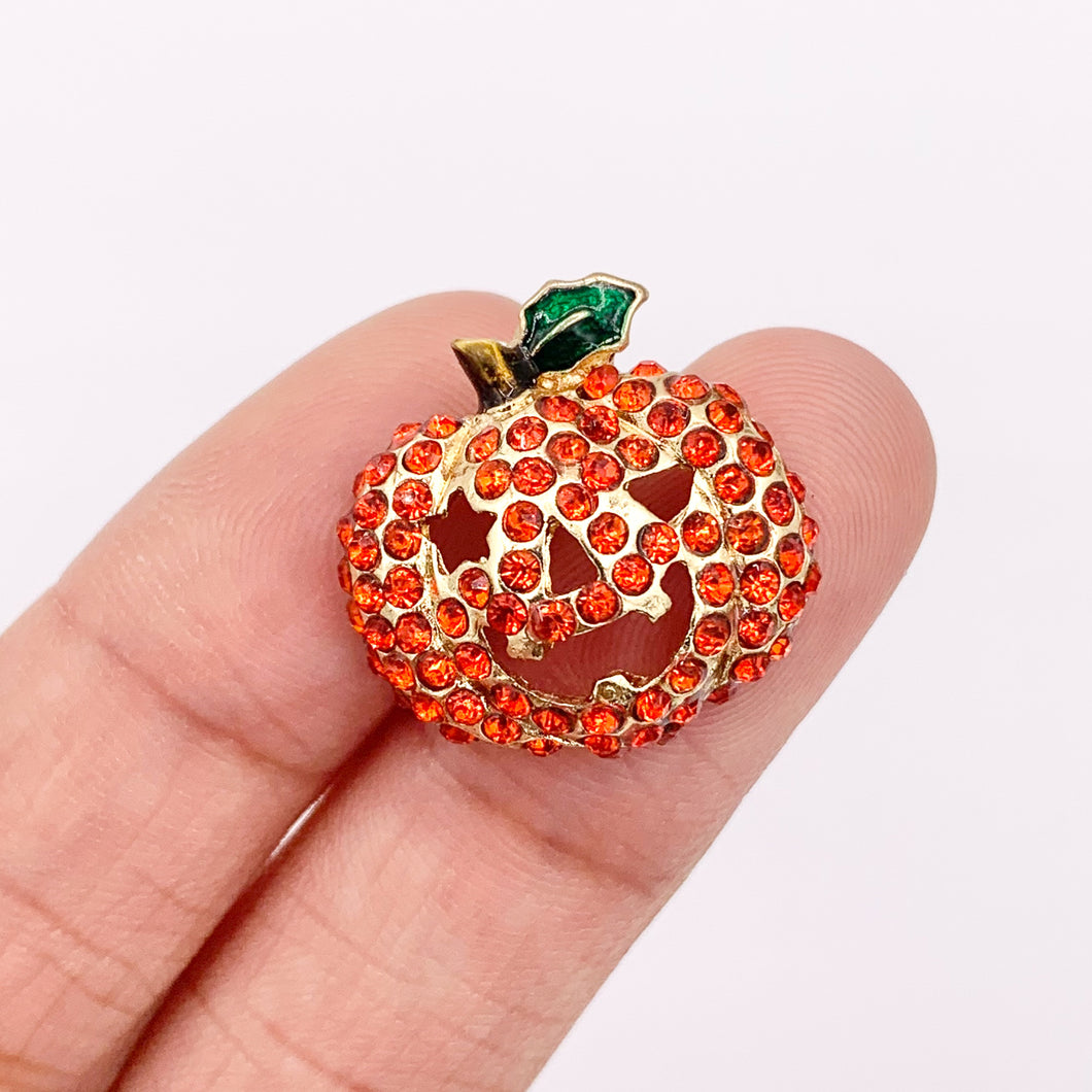 19mm Rhinestone Jack O Lantern Pumpkin Face Charms/ Pendants Orange Rhinestone with Green Enamel Coating Cute Halloween Pendant 1 PC