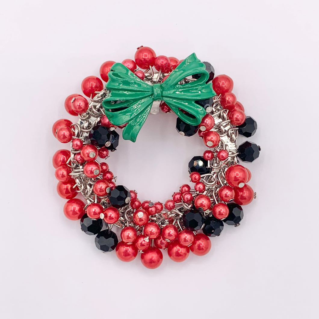 Dangle Beaded Christmas Wreath Holiday Decoration Red and Green Pendant With Crystal & Imitation Pearls