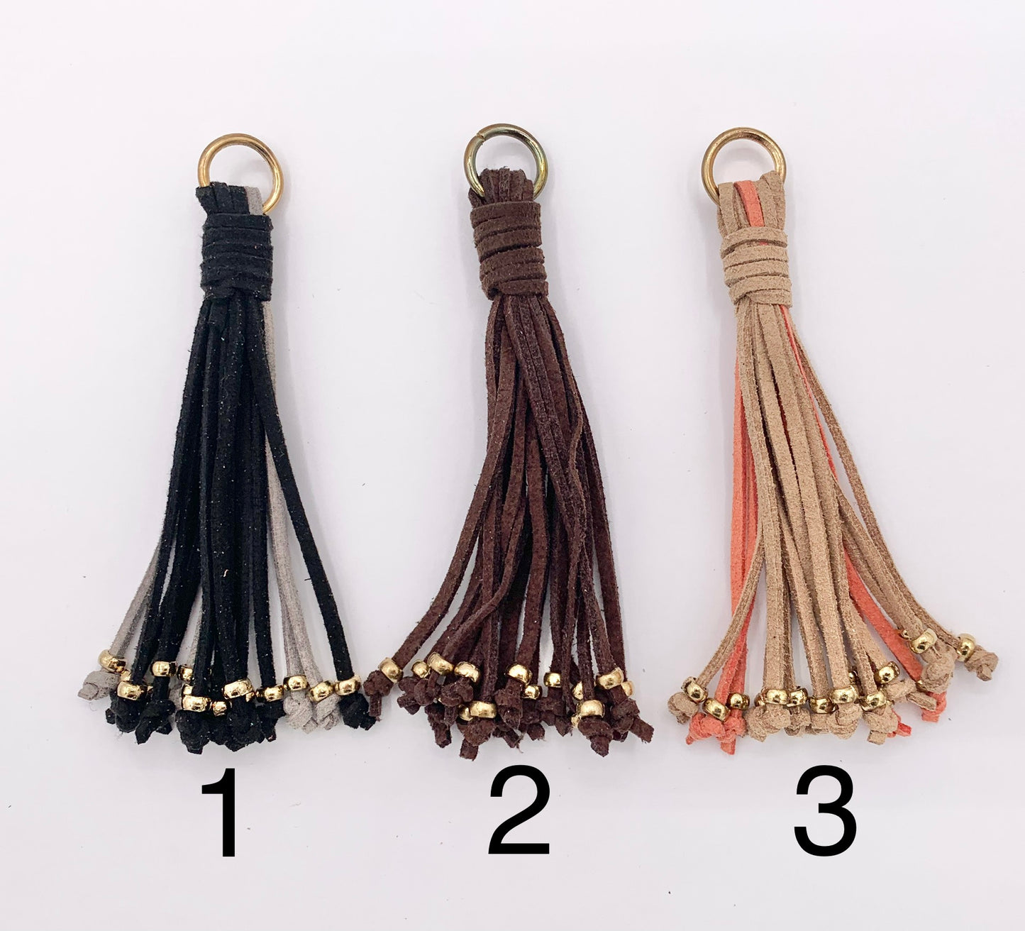 4 inches Faux Suede Tassel with Gold Beads Beautiful Handmade Tassel in Black, Brown, Peach, Blue, Green 1 PAIR
