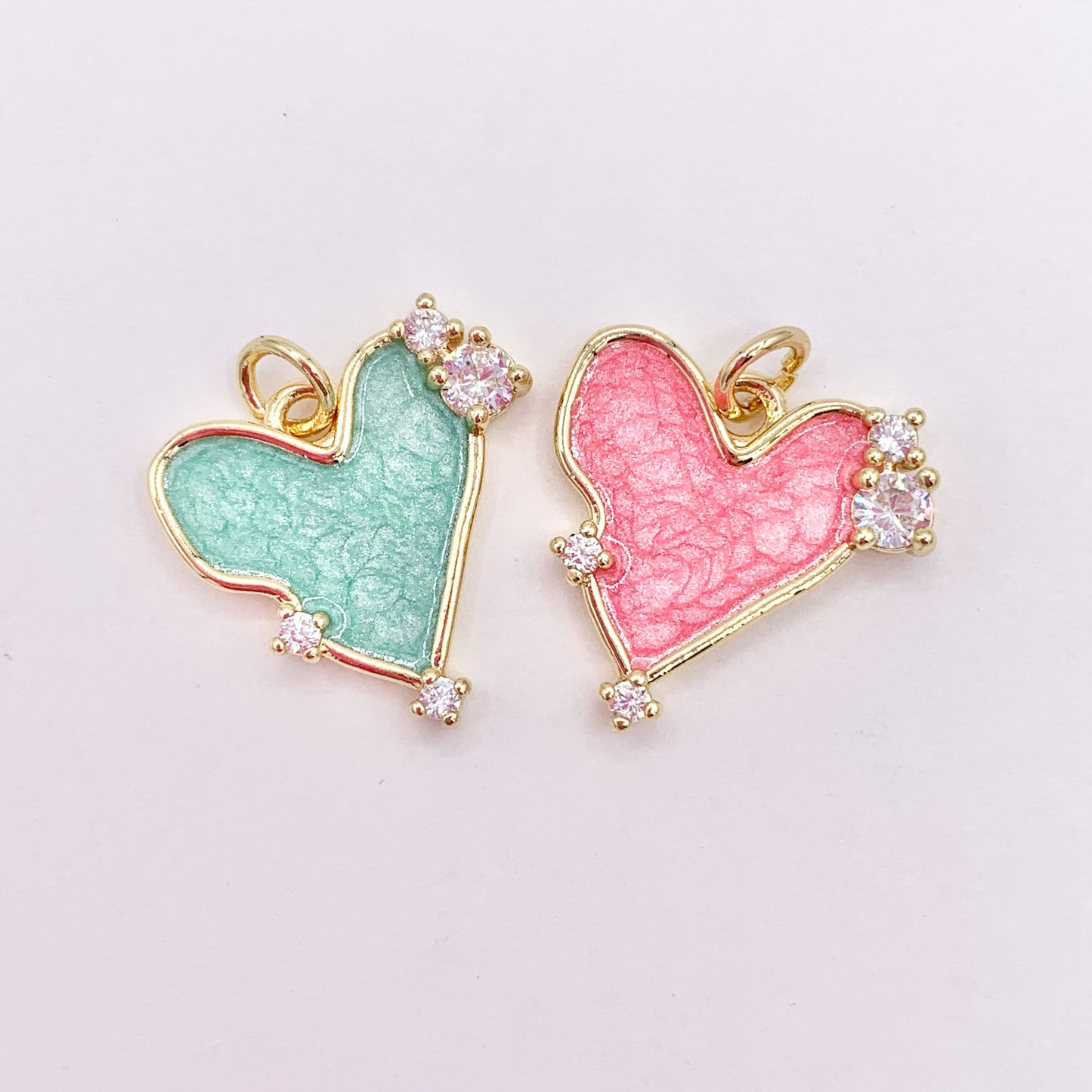 Pink/Green Acetate Heart Charm in Real Gold Plated 18K CZ Pave Over Copper 10 PCS