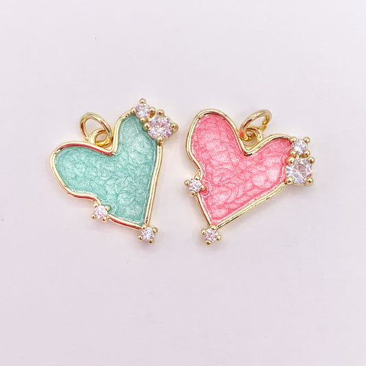 Pink/Green Acetate Heart Charm in Real Gold Plated 18K CZ Pave Over Copper 10 PCS