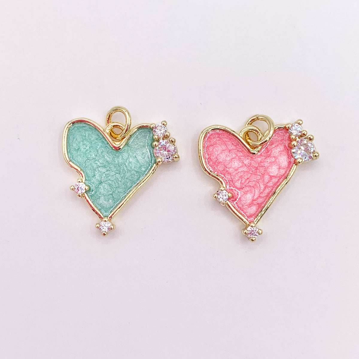 Pink/Green Acetate Heart Charm in Real Gold Plated 18K CZ Pave Over Copper 10 PCS