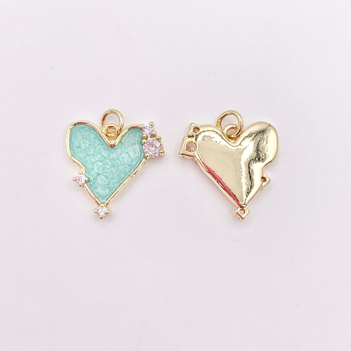 Pink/Green Acetate Heart Charm in Real Gold Plated 18K CZ Pave Over Copper 10 PCS