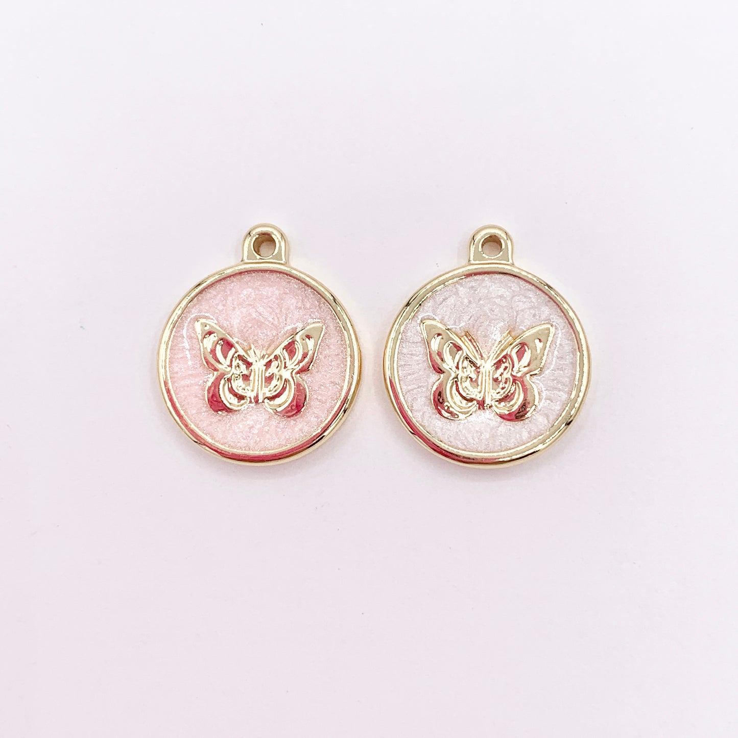 15mm Pink/White Acetate Coin Butterfly Charm in Real Gold Plated 18K Over Copper 10 PCS
