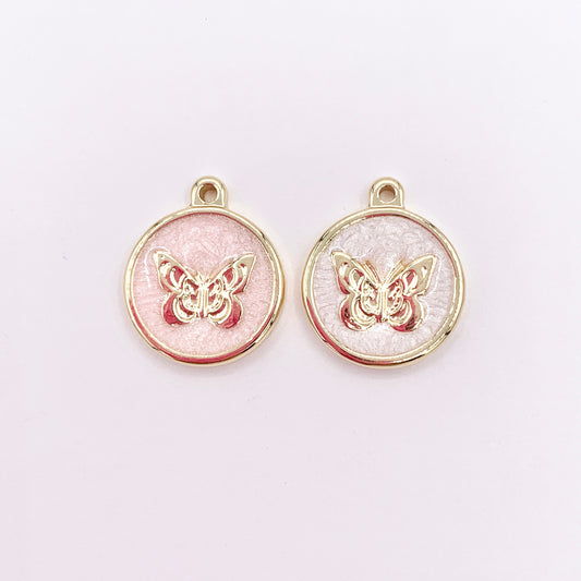15mm Pink/White Acetate Coin Butterfly Charm in Real Gold Plated 18K Over Copper 10 PCS