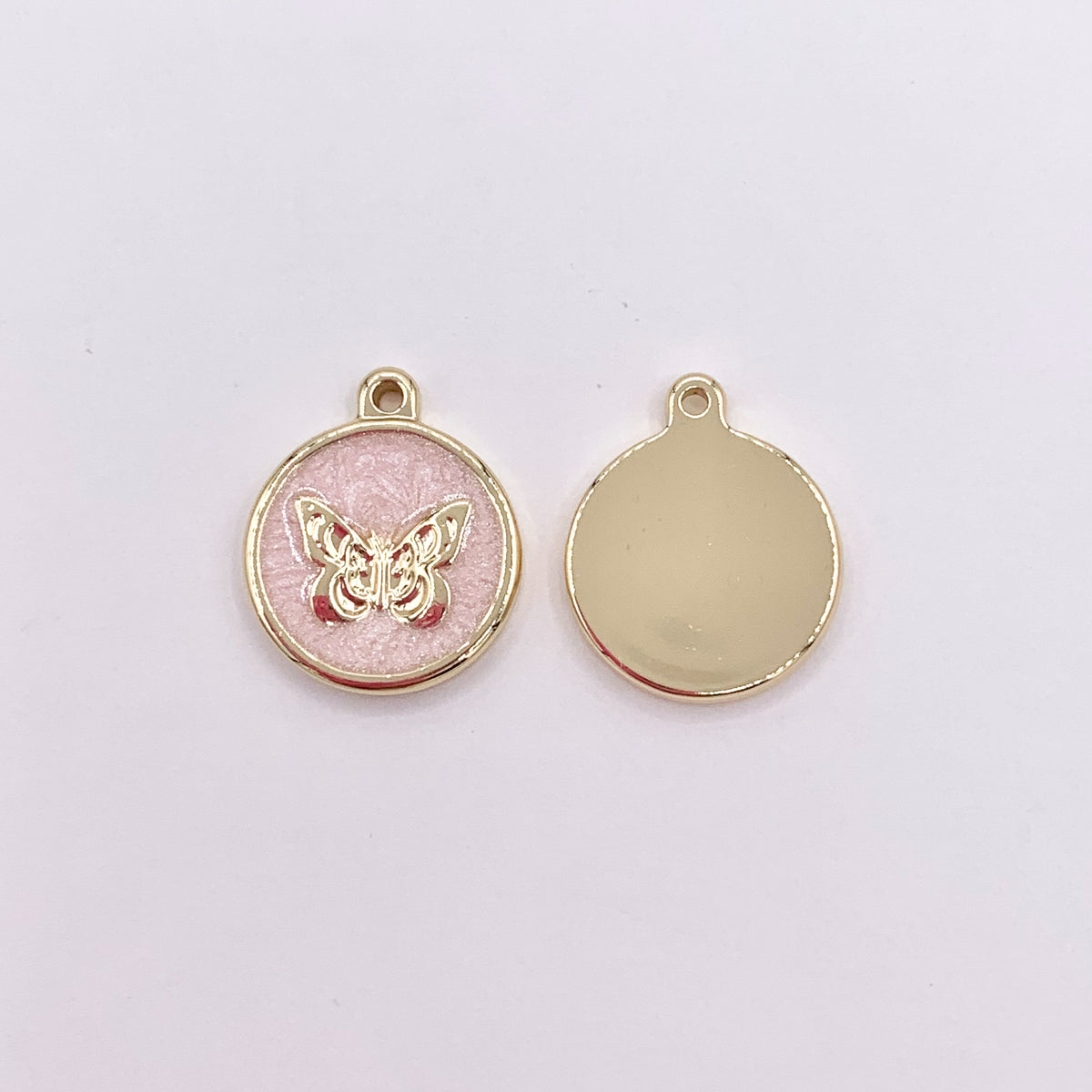 15mm Pink/White Acetate Coin Butterfly Charm in Real Gold Plated 18K Over Copper 10 PCS