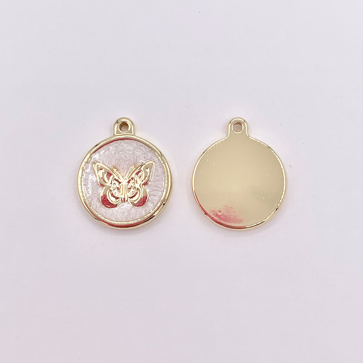 15mm Pink/White Acetate Coin Butterfly Charm in Real Gold Plated 18K Over Copper 10 PCS