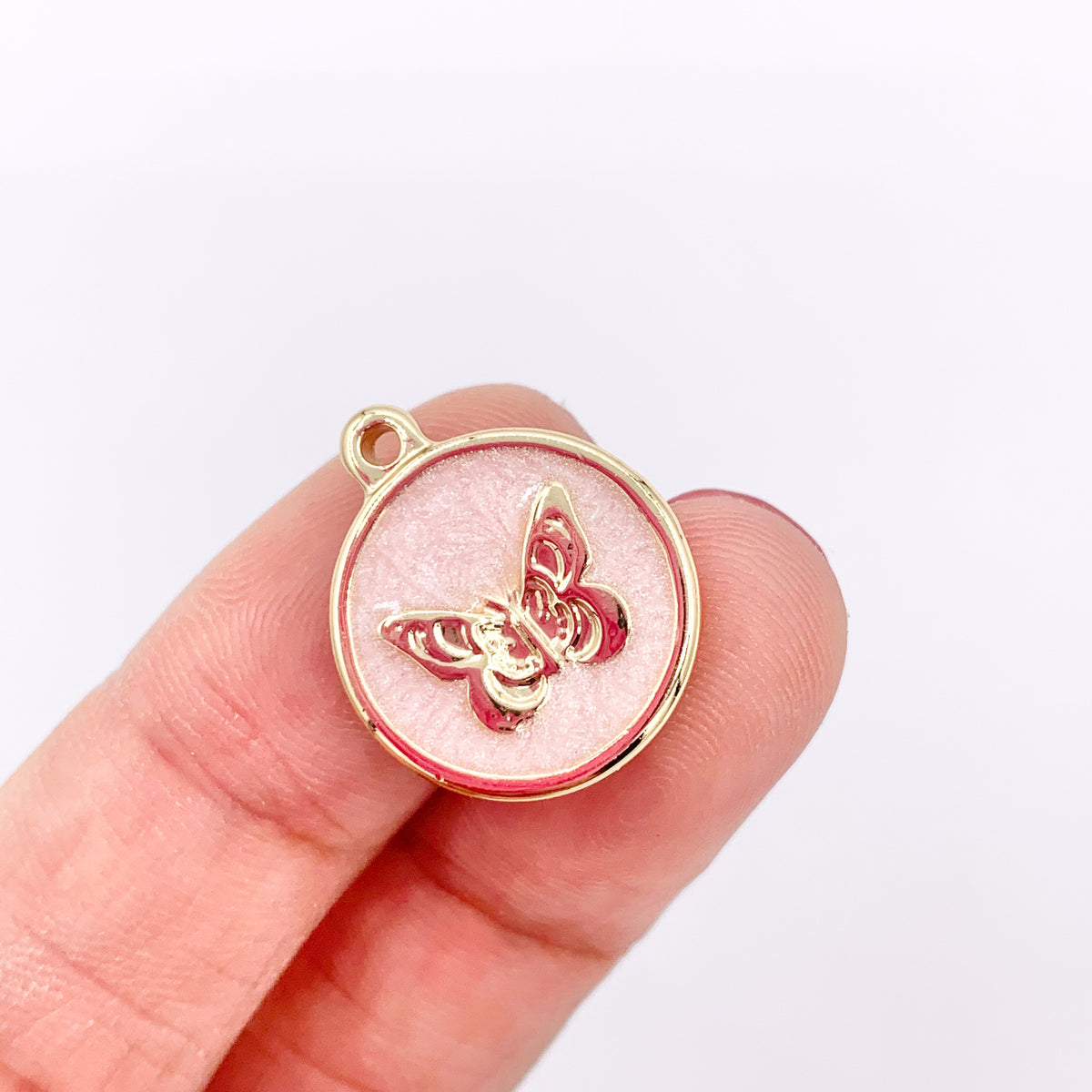 15mm Pink/White Acetate Coin Butterfly Charm in Real Gold Plated 18K Over Copper 10 PCS