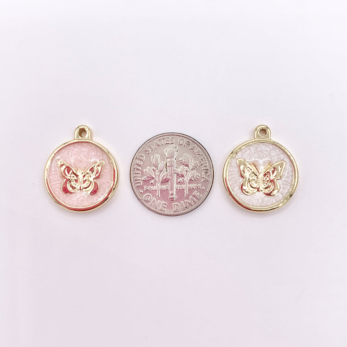 15mm Pink/White Acetate Coin Butterfly Charm in Real Gold Plated 18K Over Copper 10 PCS