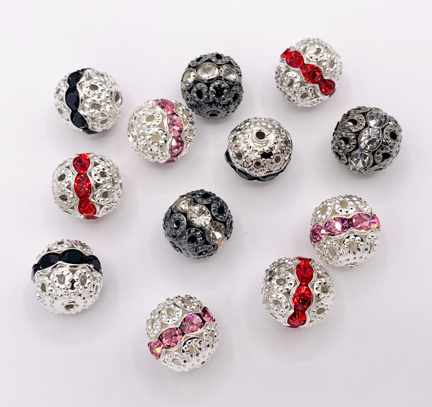 11.5-12mm Gunmetal & Silver Filigree Round Spacers with Crystal Beads | Available in 4 Colors  10 PCS