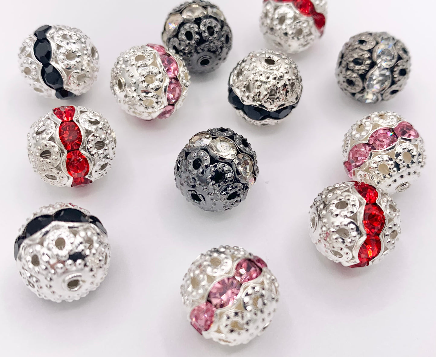 11.5-12mm Gunmetal & Silver Filigree Round Spacers with Crystal Beads | Available in 4 Colors  10 PCS