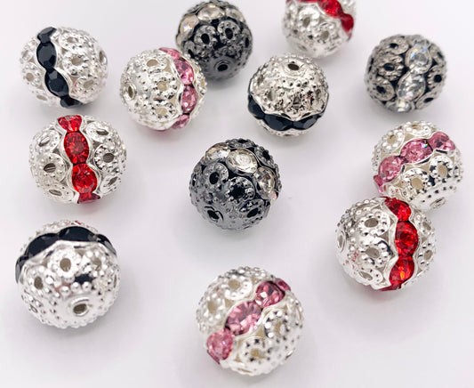 11.5-12mm Gunmetal & Silver Filigree Round Spacers with Crystal Beads | Available in 4 Colors  10 PCS