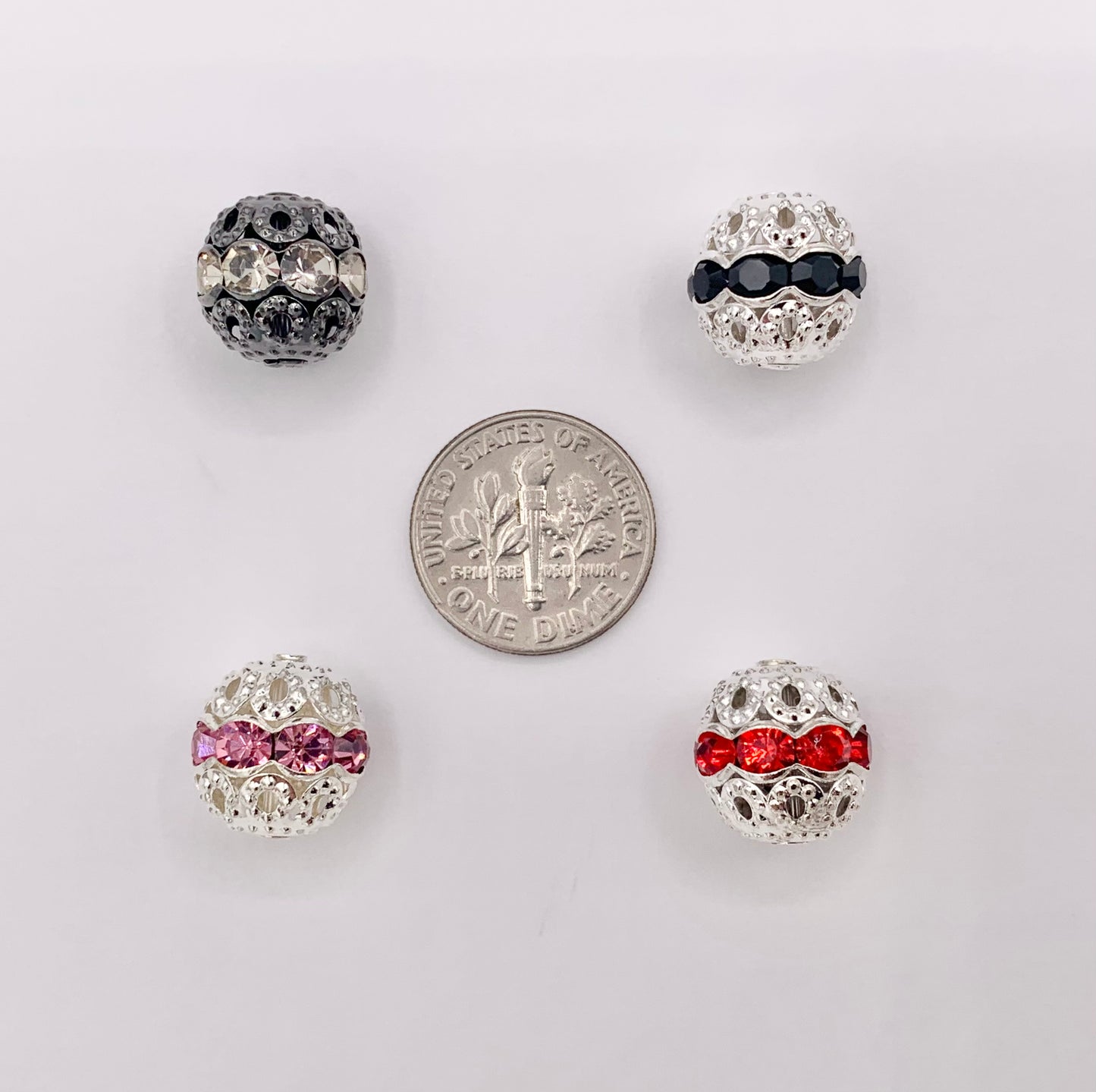 11.5-12mm Gunmetal & Silver Filigree Round Spacers with Crystal Beads | Available in 4 Colors  10 PCS