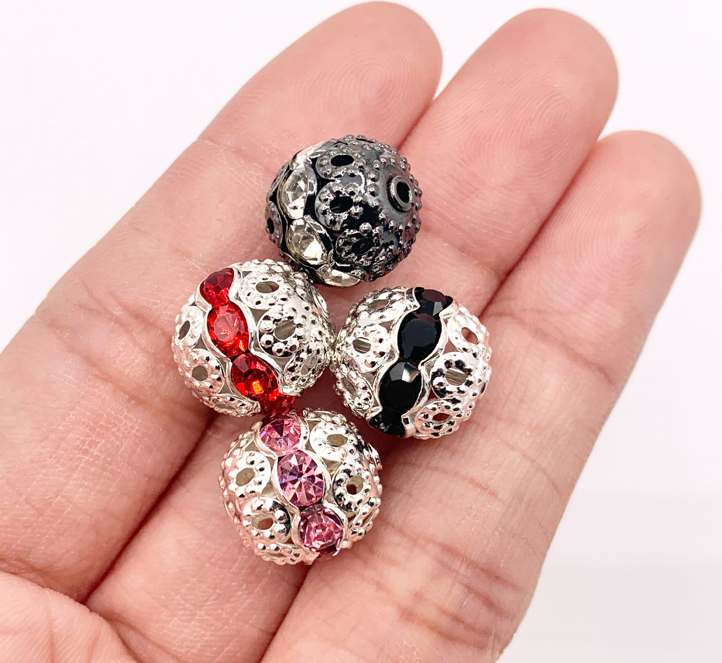 11.5-12mm Gunmetal & Silver Filigree Round Spacers with Crystal Beads | Available in 4 Colors  10 PCS