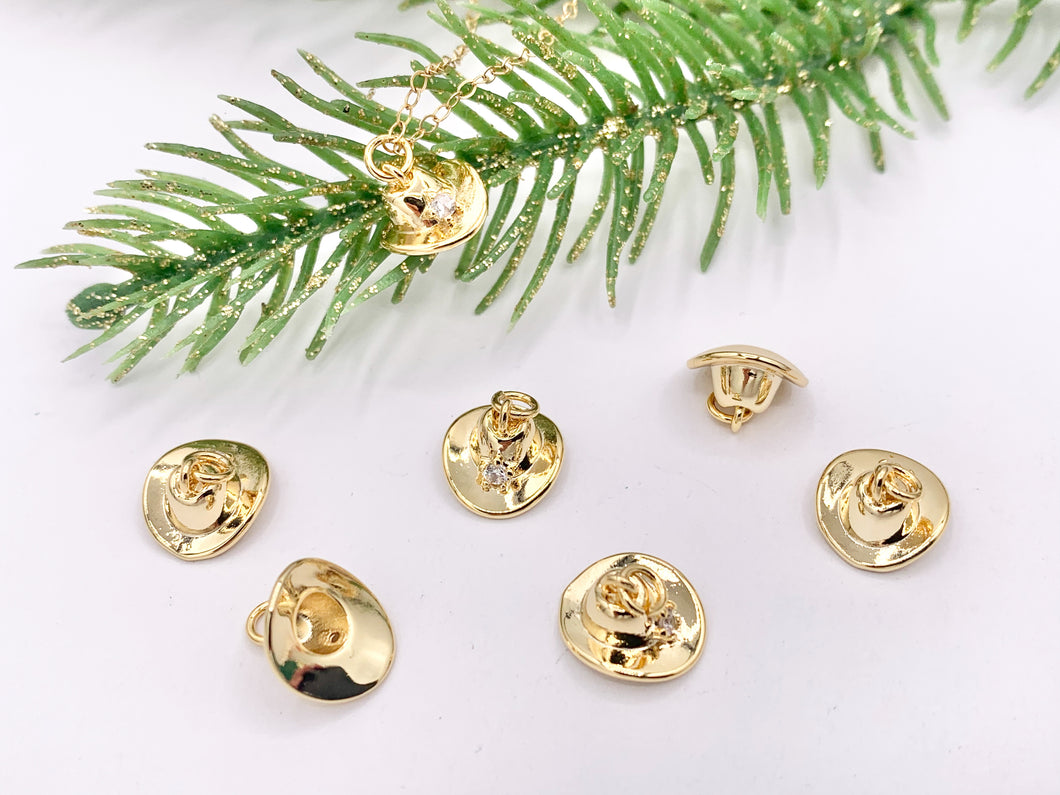Cute Tiny Western Cowboy Hat with CZ Pave Star Texas Ranch Charms in 18K Gold Plated Copper 10 PCS