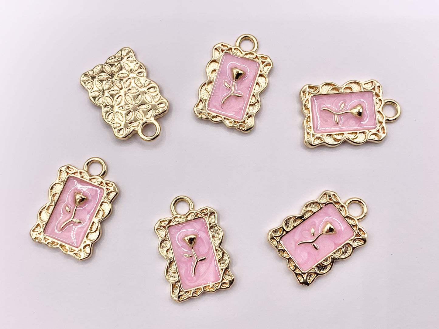 Pink Enamel Rose Rectangle Bar/Tag Pendant in Real Gold 18K Plated Over Copper 8 PCS