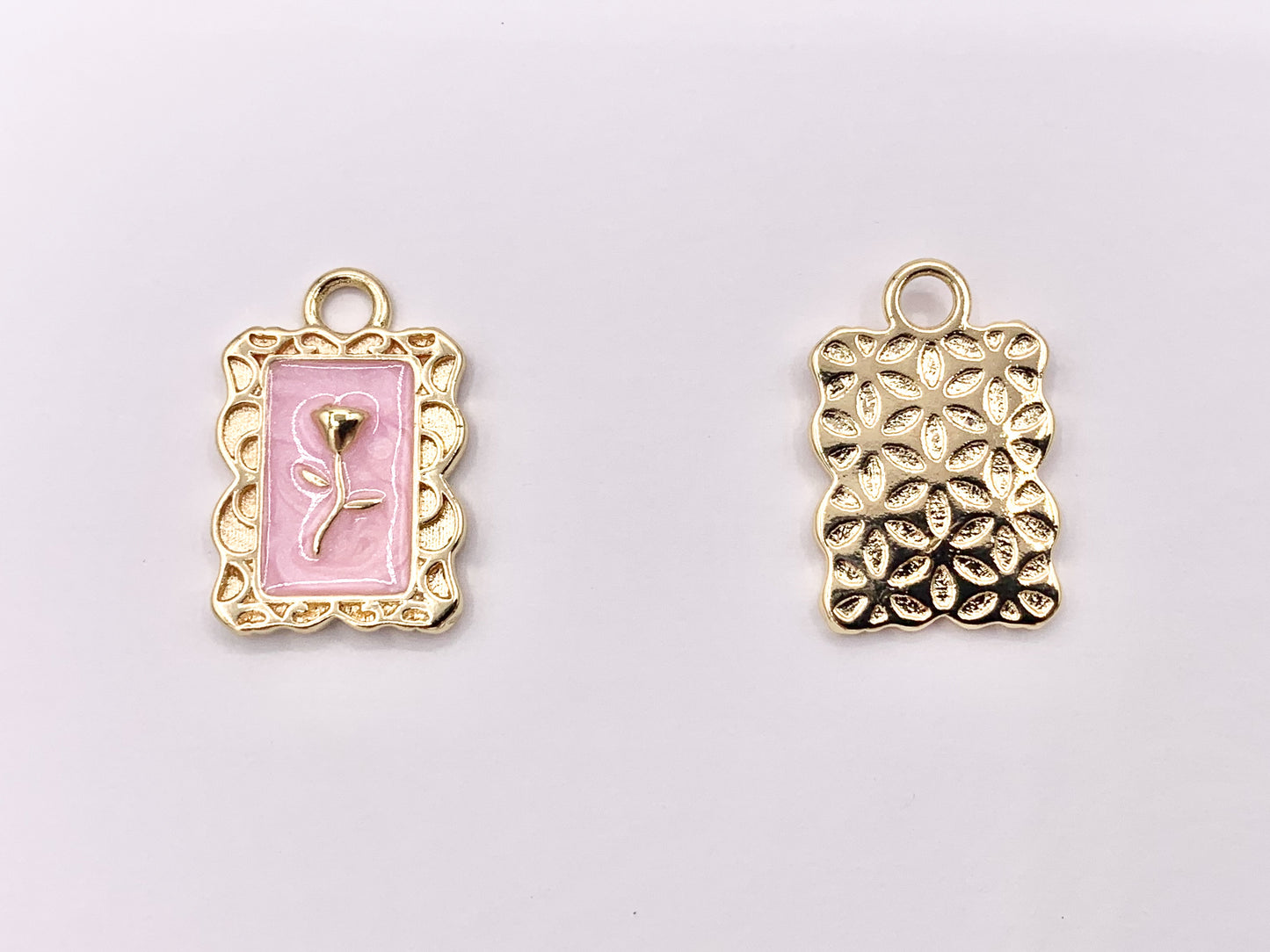 Pink Enamel Rose Rectangle Bar/Tag Pendant in Real Gold 18K Plated Over Copper 8 PCS
