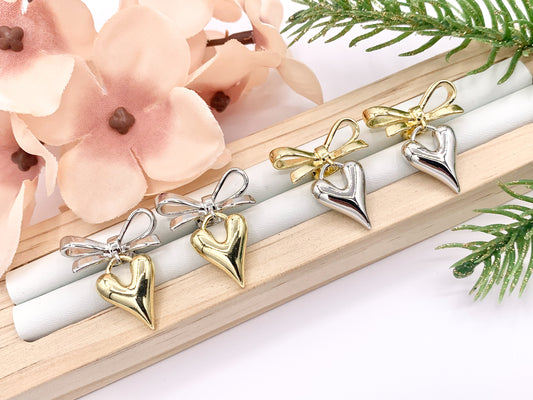 2 Tone Cute Bowtie + Heart Earring Studs in 18K Gold/Platinum Plated Over Copper Earrings 3 PAIRS