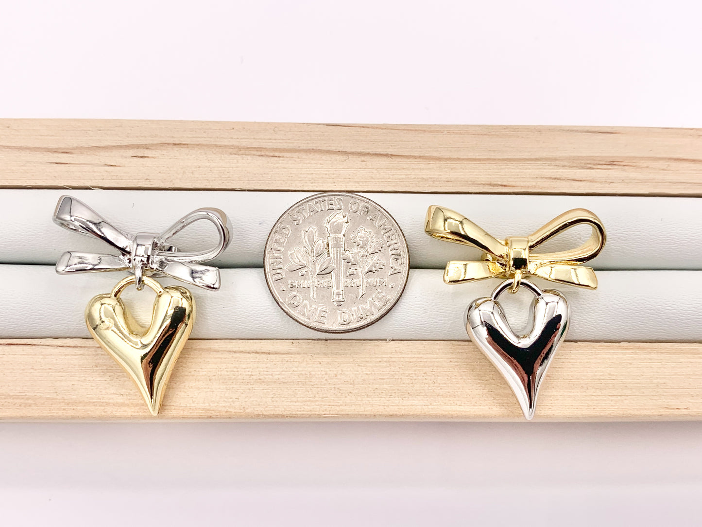 2 Tone Cute Bowtie + Heart Earring Studs in 18K Gold/Platinum Plated Over Copper Earrings 3 PAIRS