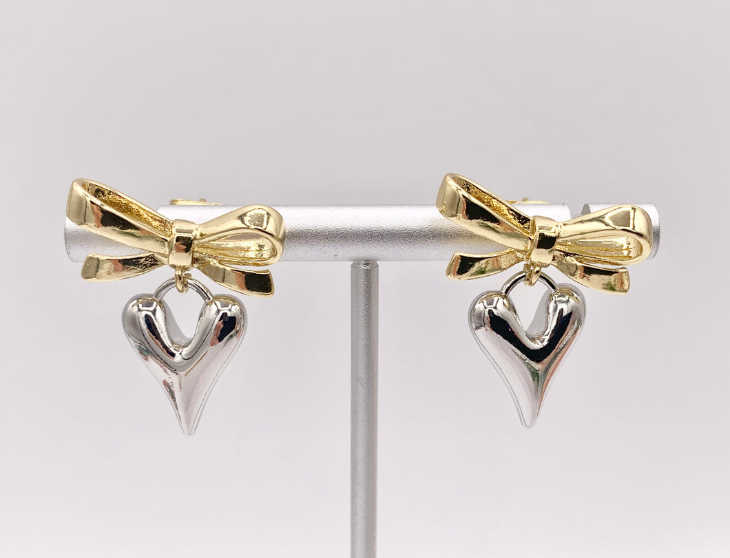 2 Tone Cute Bowtie + Heart Earring Studs in 18K Gold/Platinum Plated Over Copper Earrings 3 PAIRS