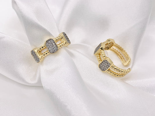 Beautiful 2 Tone Double Layers Band Rings with Silver CZ Pave Rectangles in 18K Gold and Silver Plated Copper 4 PCS