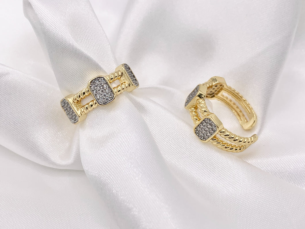 Beautiful 2 Tone Double Layers Band Rings with Silver CZ Pave Rectangles in 18K Gold and Silver Plated Copper 4 PCS