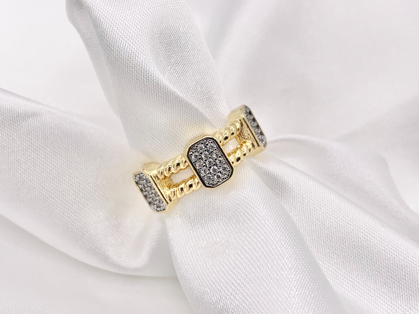 Beautiful 2 Tone Double Layers Band Rings with Silver CZ Pave Rectangles in 18K Gold and Silver Plated Copper 4 PCS