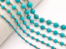 Load image into Gallery viewer, Vintage Turquoise Howlite Round Faceted Rosary Style Beaded Chain With Brass Wire 1 Spool 4mm 6mm 8mm 10mm 12mm
