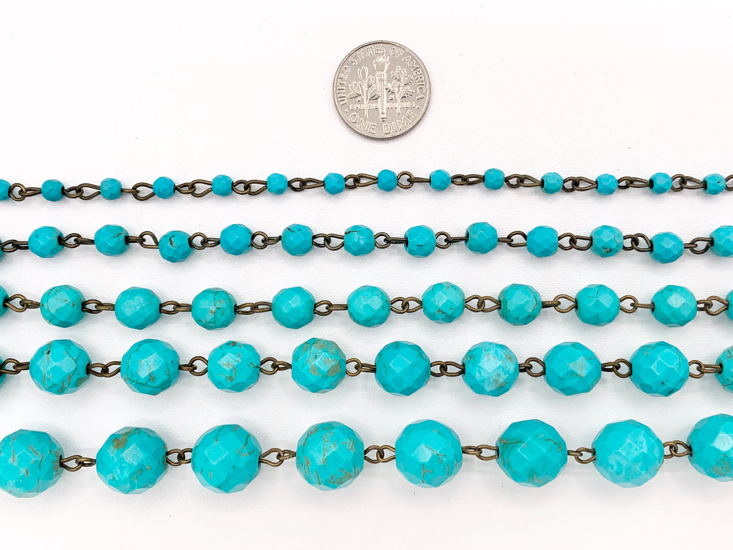 Vintage Turquoise Howlite Round Faceted Rosary Style Beaded Chain With Brass Wire 1 Spool 4mm 6mm 8mm 10mm 12mm