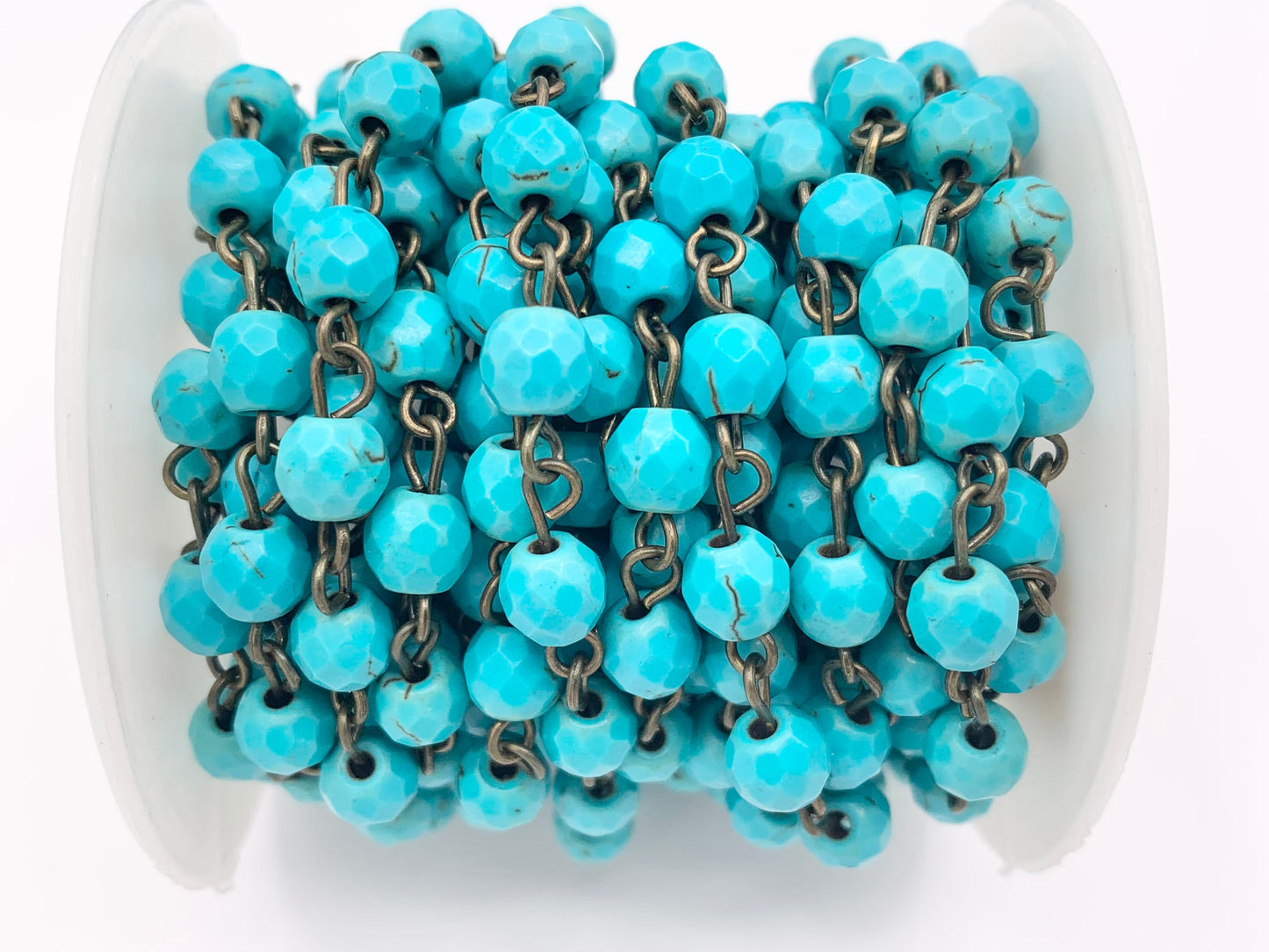 Vintage Turquoise Howlite Round Faceted Rosary Style Beaded Chain With Brass Wire 1 Spool 4mm 6mm 8mm 10mm 12mm