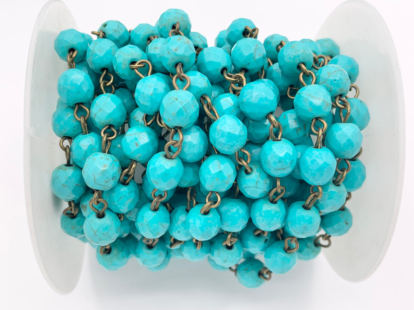 Vintage Turquoise Howlite Round Faceted Rosary Style Beaded Chain With Brass Wire 1 Spool 4mm 6mm 8mm 10mm 12mm