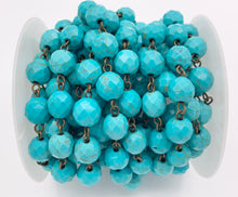 Load image into Gallery viewer, Vintage Turquoise Howlite Round Faceted Rosary Style Beaded Chain With Brass Wire 1 Spool 4mm 6mm 8mm 10mm 12mm
