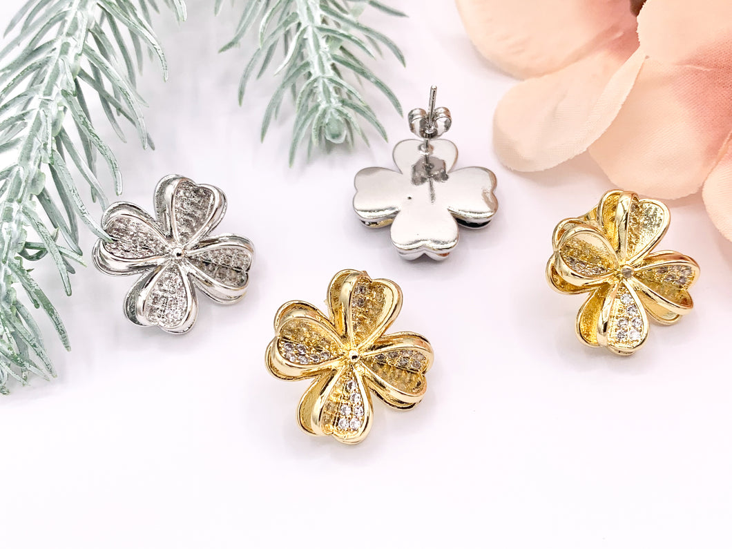 Cute Detailed 3D CZ Pave Flower Earring Studs in Real 18K Gold/Platinum Plated Over Copper 3 PAIRS