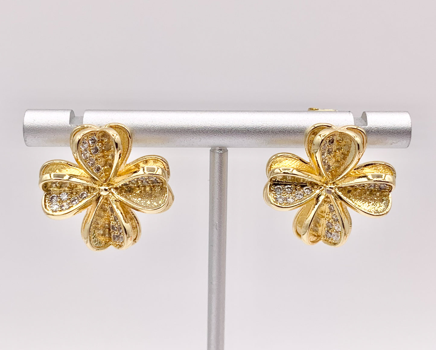 Cute Detailed 3D CZ Pave Flower Earring Studs in Real 18K Gold/Platinum Plated Over Copper 3 PAIRS