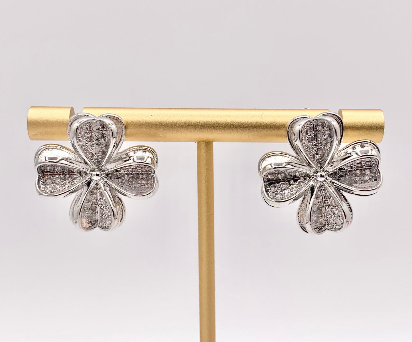 Cute Detailed 3D CZ Pave Flower Earring Studs in Real 18K Gold/Platinum Plated Over Copper 3 PAIRS