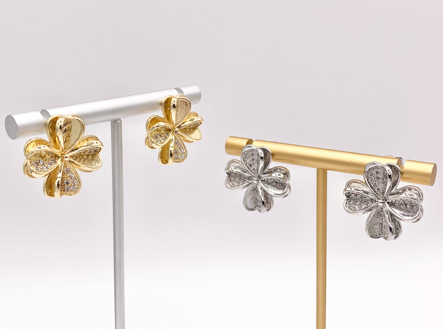 Cute Detailed 3D CZ Pave Flower Earring Studs in Real 18K Gold/Platinum Plated Over Copper 3 PAIRS
