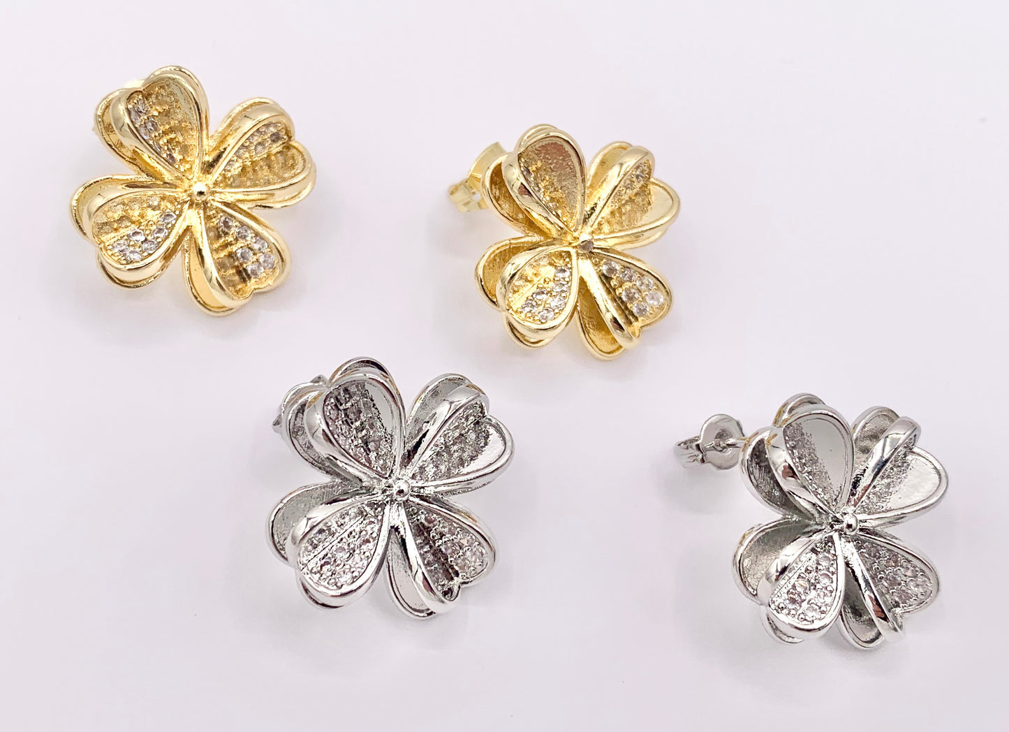 Cute Detailed 3D CZ Pave Flower Earring Studs in Real 18K Gold/Platinum Plated Over Copper 3 PAIRS