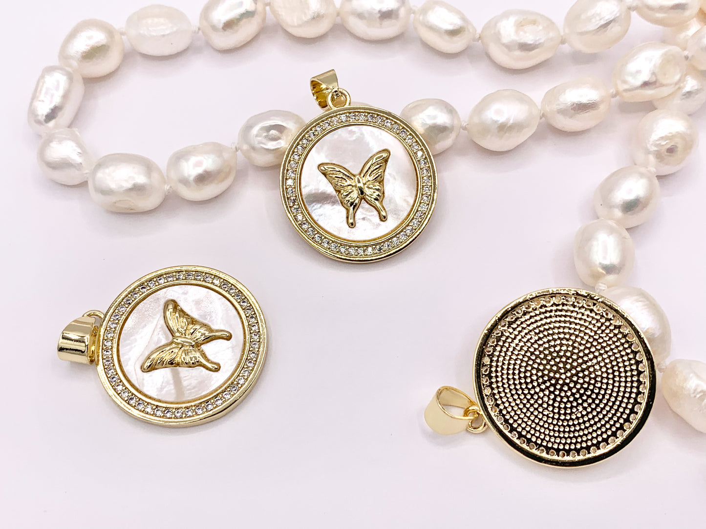 White Lip Shell Coin Butterfly Charm in Real Gold Plated 18K Micro CZ Pave Over Copper 4 PCS